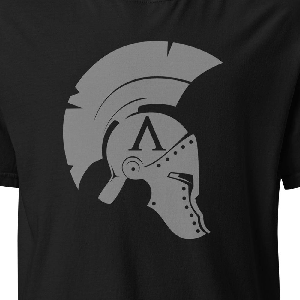 Close Up View of Black short sleeve classic cotton unisex fit T-Shirt by Achilles Tactical Clothing Brand with screen printed Icon design on front