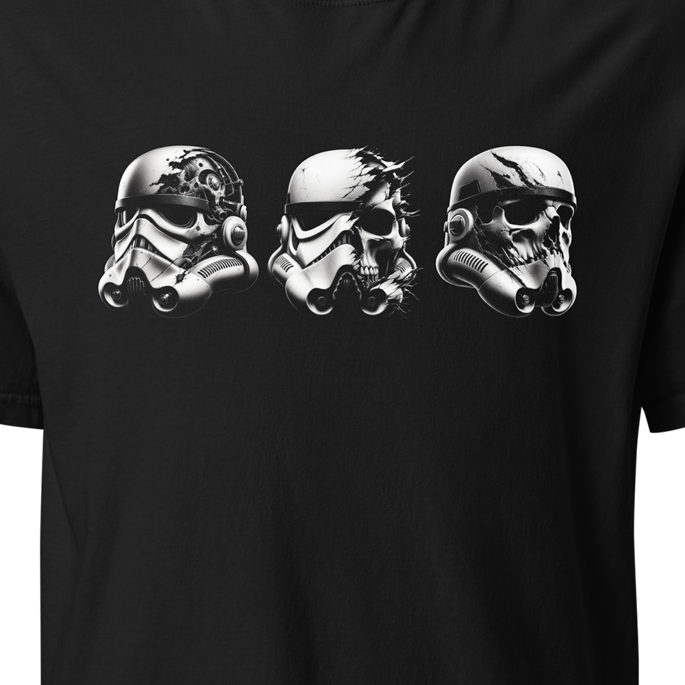 Close up of Front centre chest of Black short sleeve classic cotton unisex fit T-Shirt by Achilles Tactical Clothing Brand with screen printed Stormtroopers design on front