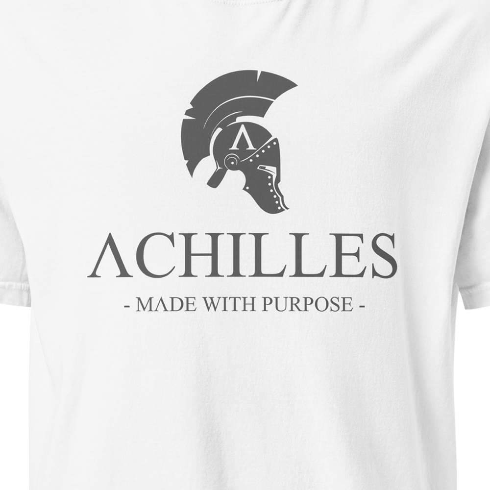 Close Up View of white short sleeve classic cotton unisex fit T-Shirt by Achilles Tactical Clothing Brand with screen printed Signature design on front