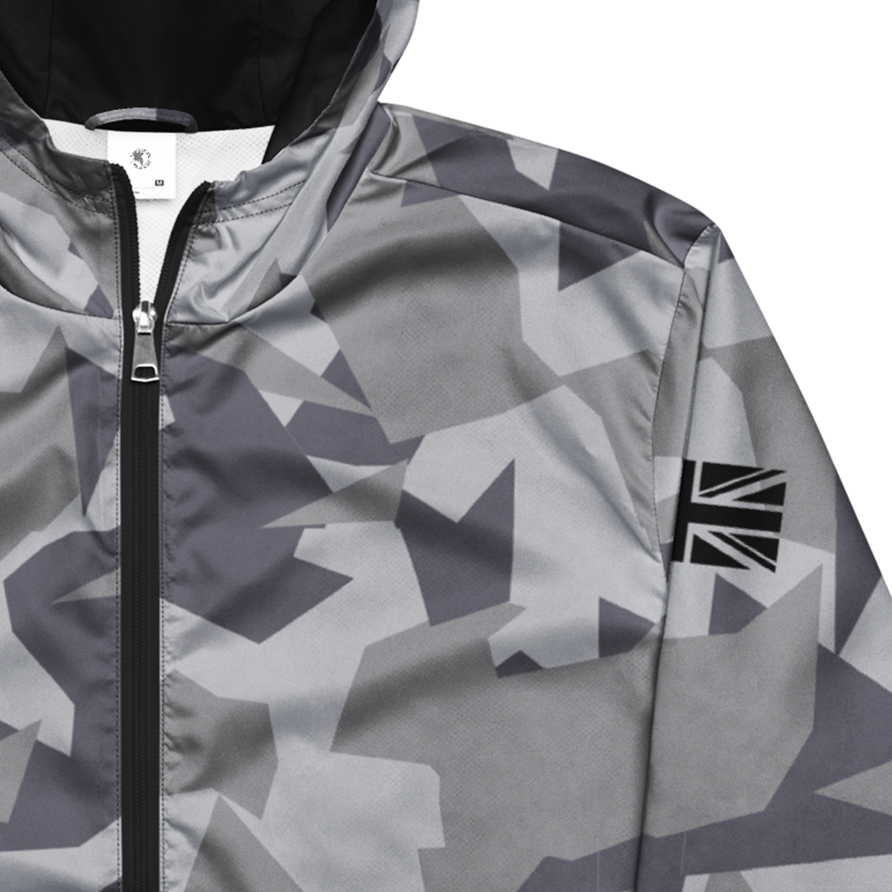 Close up of front chest of Grey Geo Cam long sleeve unisex fit windbreaker track jacket by Achilles Tactical Clothing Brand printed with Achilles signature logo across back 