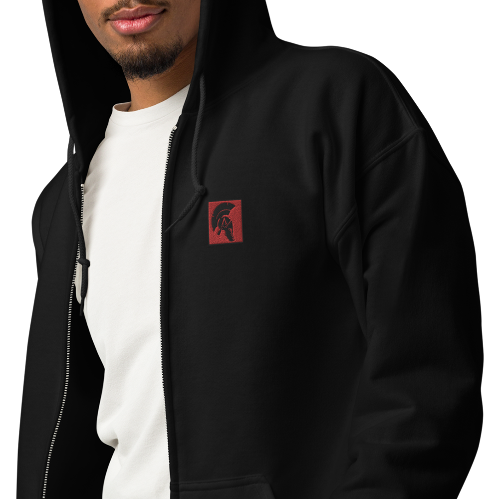 Front view of man wearing Black unisex fit zipper hoodie by Achilles Tactical Clothing Brand with State red square achilles helmet logo on left chest