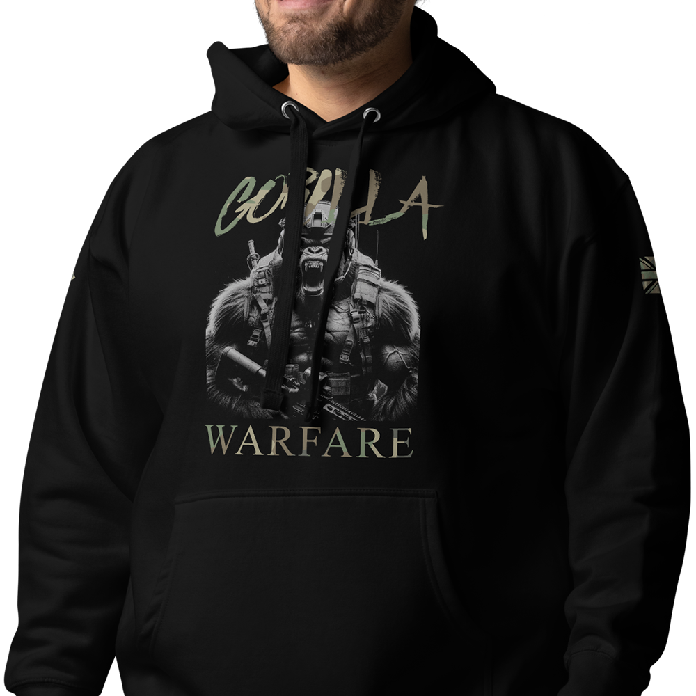 Close up of Front of man wearing Black unisex fit hoodie by Achilles Tactical Clothing Brand with Gorilla Warfare Design across chest