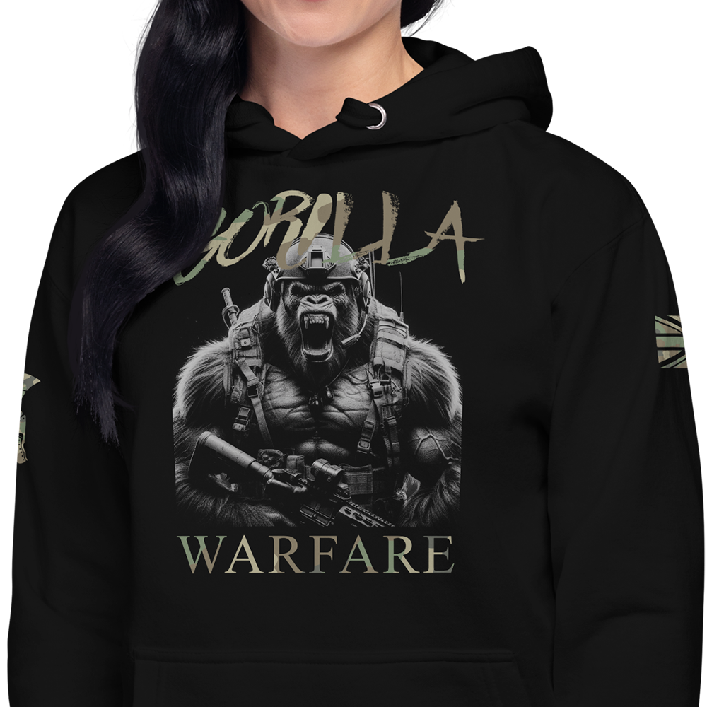 Close up of Front of woman wearing Black unisex fit hoodie by Achilles Tactical Clothing Brand with Gorilla Warfare Design across chest