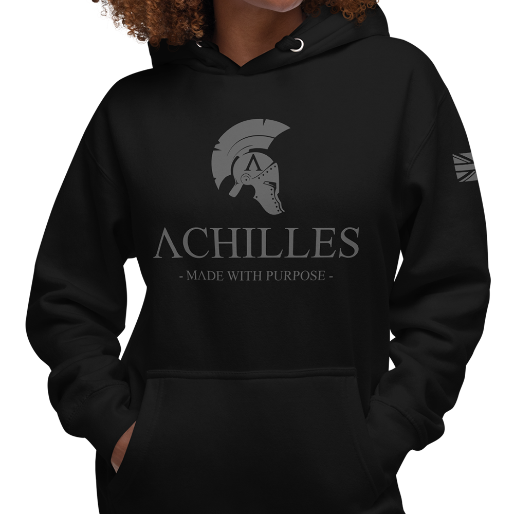 Close up of Front of woman wearing Black unisex fit hoodie by Achilles Tactical Clothing Brand with Wolf Grey Signature Design across chest