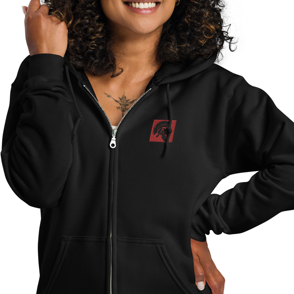 Front view of woman wearing Black unisex fit zipper hoodie by Achilles Tactical Clothing Brand with State red square achilles helmet logo on left chest
