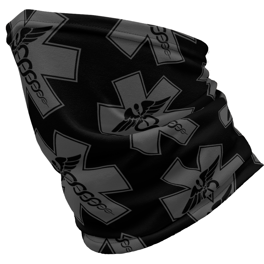 Left view of black Achilles Tactical Clothing Brand head face and neck tube printed with wolf grey repeating Tac Medic Logo design