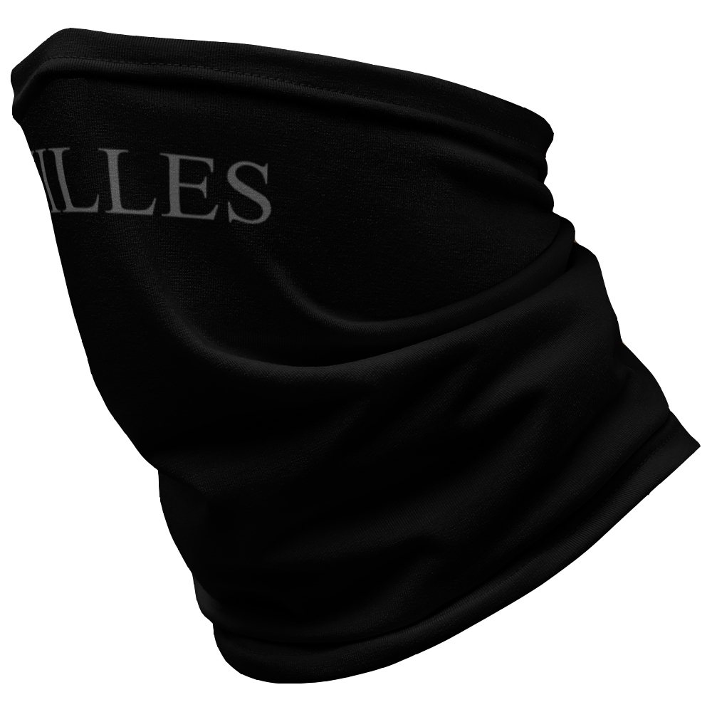 Left View of black Achilles Tactical Clothing Brand head face and neck tube printed with wolf grey Achilles Icon Logo design