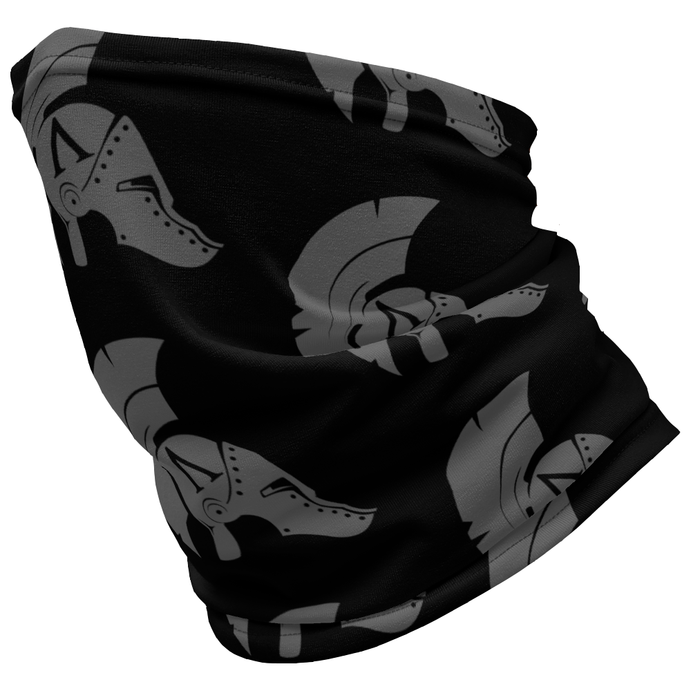 Left View of black Achilles Tactical Clothing Brand head face and neck tube printed with wolf grey repeating Achilles Helmet Icon Logo design