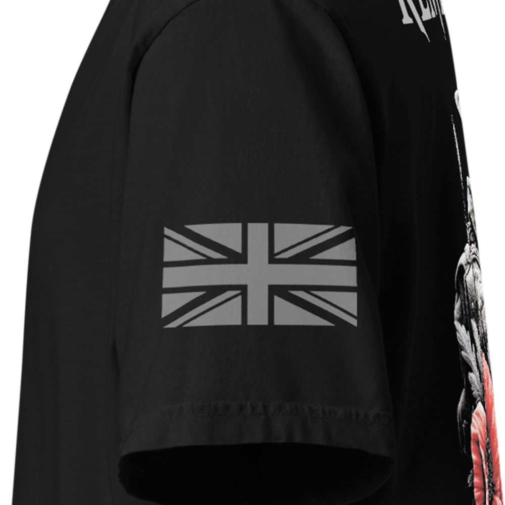 Close up of left sleeve of black Achilles Tactical Clothing Brand Classic cotton T-Shirt with Union flag sleeve and Remember poppy design