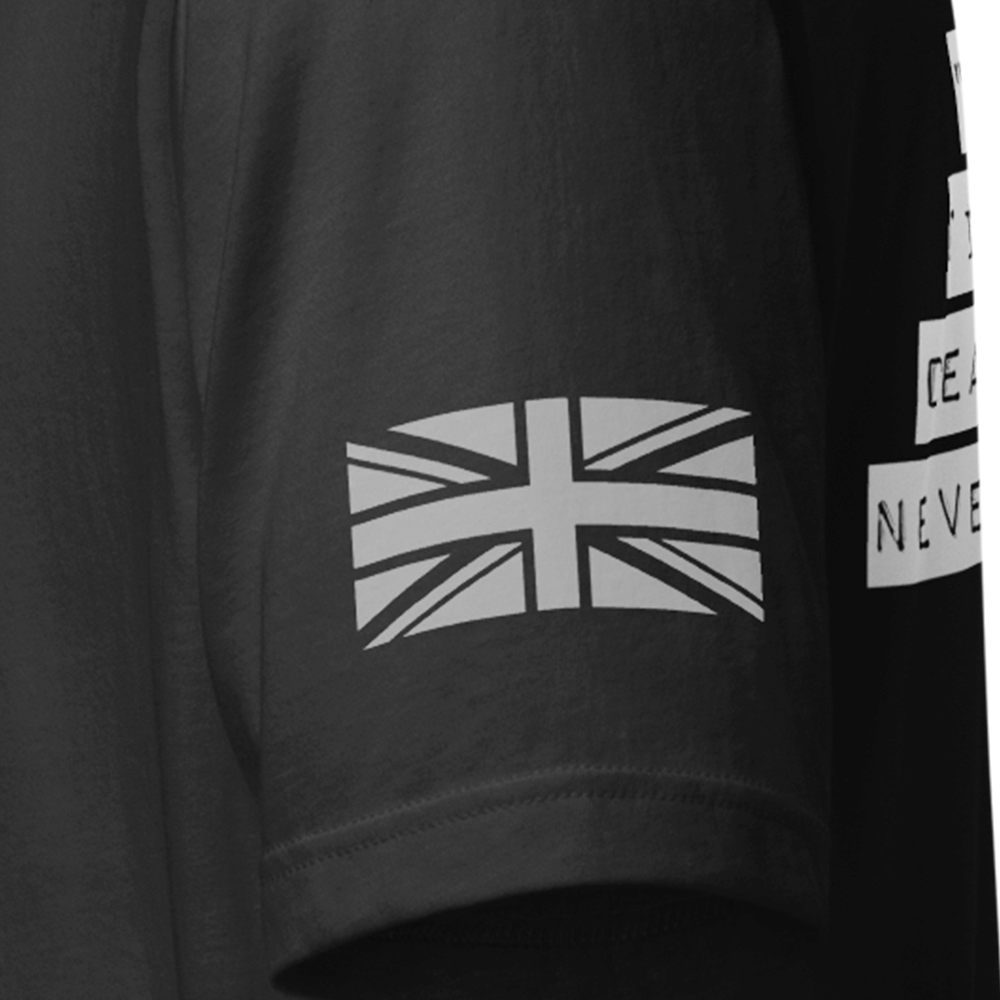 Close up of left sleeve of sand Achilles Tactical Clothing Brand T-Shirt with Wolf grey union flag design