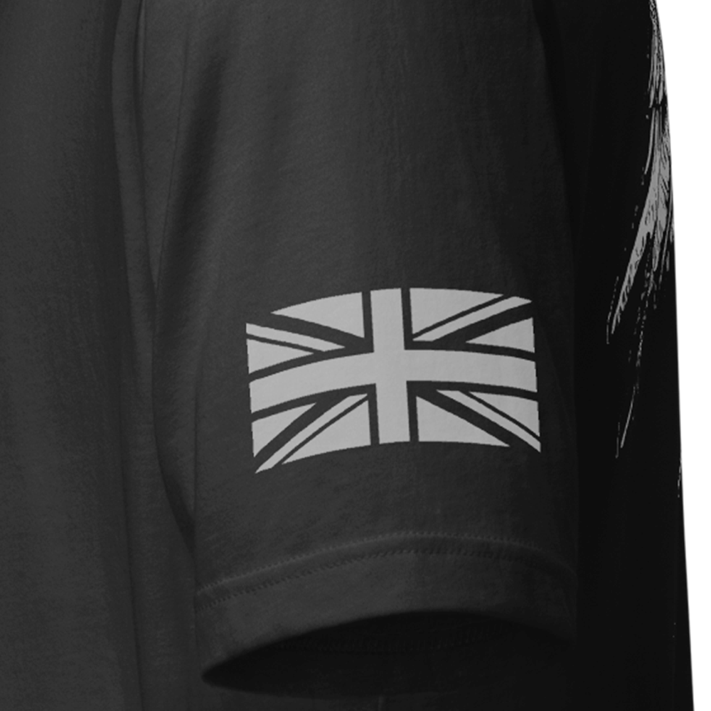Close up of left sleeve of sand Achilles Tactical Clothing Brand T-Shirt with Wolf grey union flag design on Saint Michael design