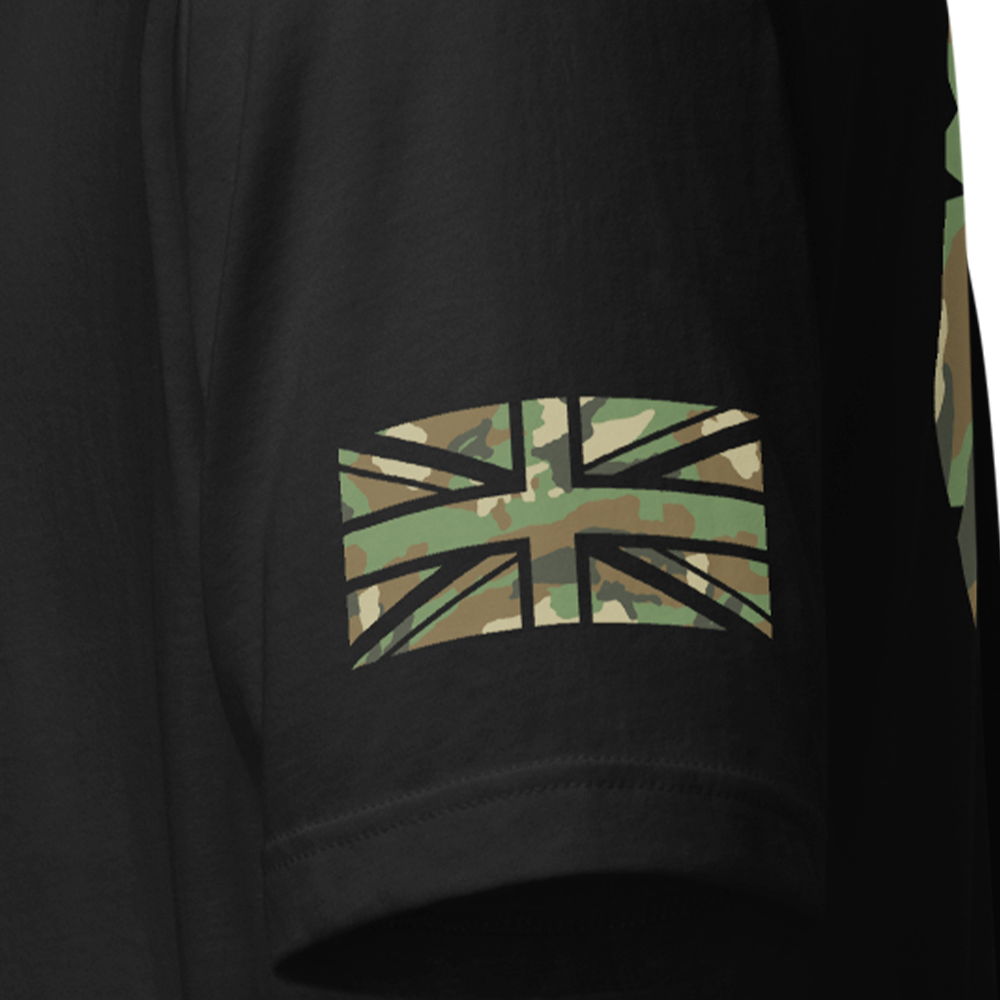 Close up of left sleeve of black Achilles Tactical Clothing Brand original cotton T-Shirt with Wolf grey union flag DPM Icon design