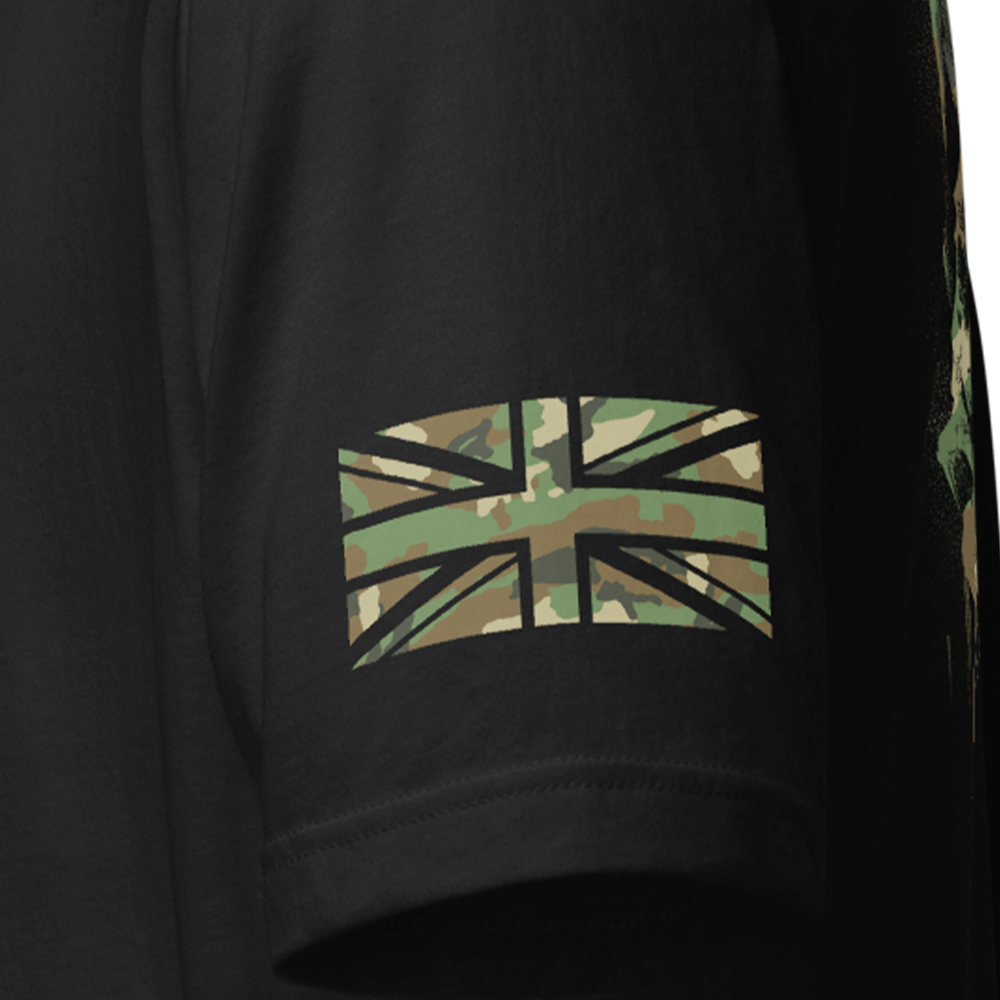 Close up of left sleeve of black Achilles Tactical Clothing Brand original cotton T-Shirt with Wolf grey union flag DPM Skull design