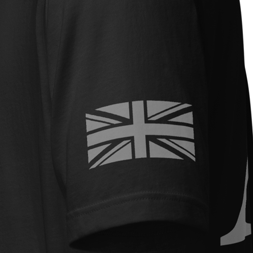 Close up of left sleeve of black Achilles Tactical Clothing Brand original cotton T-Shirt with Wolf grey union flag Alpha design