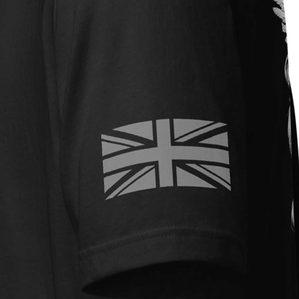 Close up of left sleeve of black Achilles Tactical Clothing Brand original cotton T-Shirt with Union flag sleeve and Archangel design