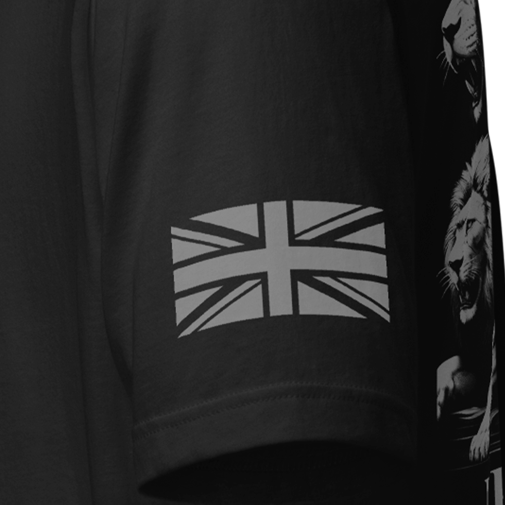 Close up of left sleeve of black Achilles Tactical Clothing Brand original cotton T-Shirt with Wolf grey union flag Britannia design