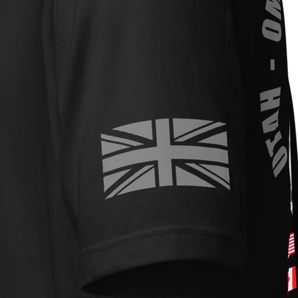Close up of left sleeve of black Achilles Tactical Clothing Brand original cotton T-Shirt with Wolf grey union flag DDAY 80 design