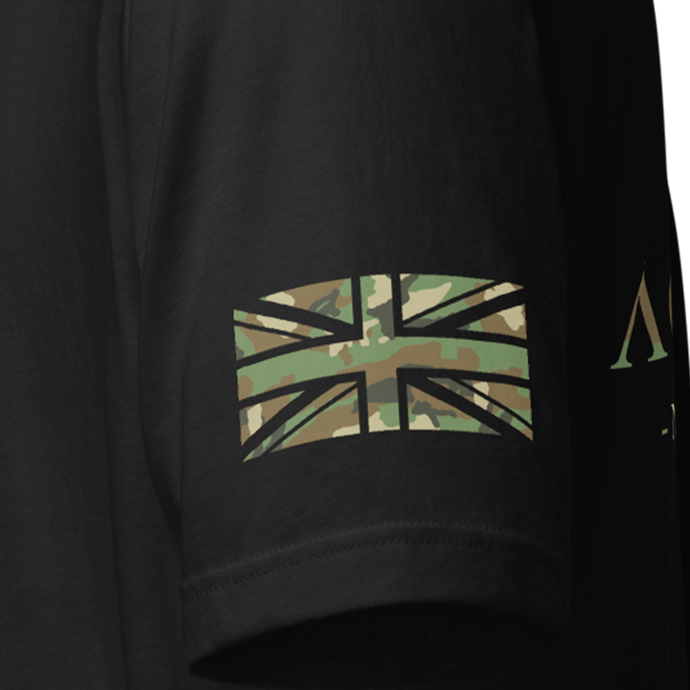 Close up of left sleeve of black Achilles Tactical Clothing Brand original cotton T-Shirt with DPM Cam union flag Signature design