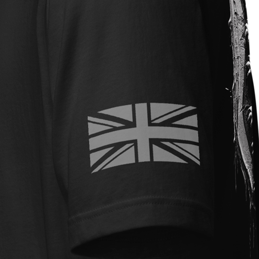Close up of left sleeve of black Achilles Tactical Clothing Brand original cotton T-Shirt with Union flag sleeve and England design