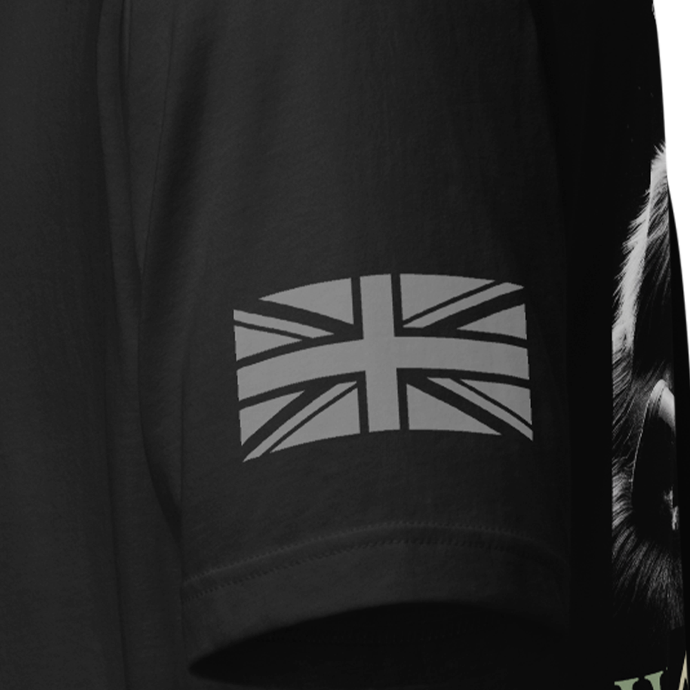 Close up of left sleeve of black Achilles Tactical Clothing Brand original cotton T-Shirt with Union flag sleeve and Gorilla Warfare design