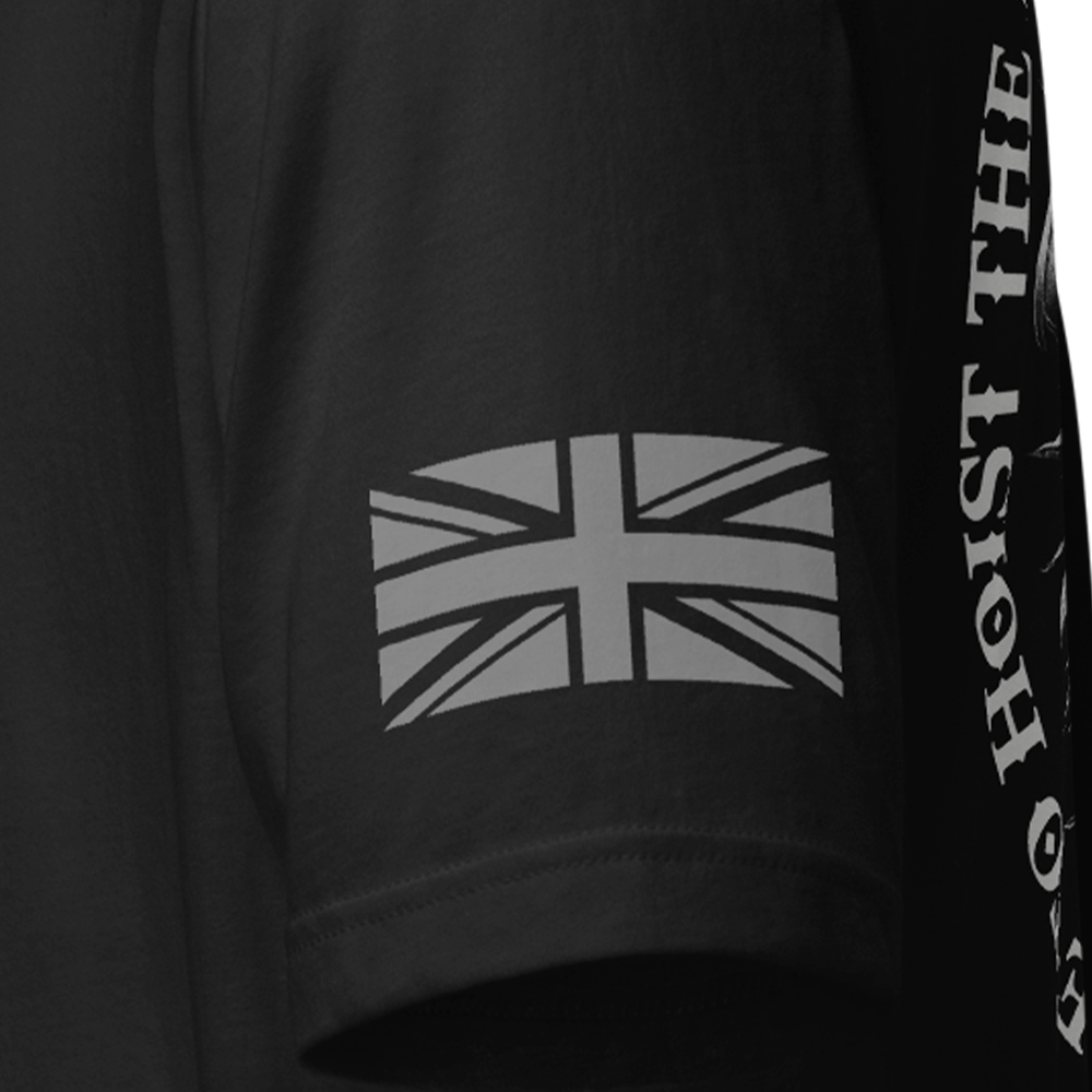 Close up of left sleeve of black Achilles Tactical Clothing Brand original cotton T-Shirt with Union flag sleeve and Hoist the black flag design