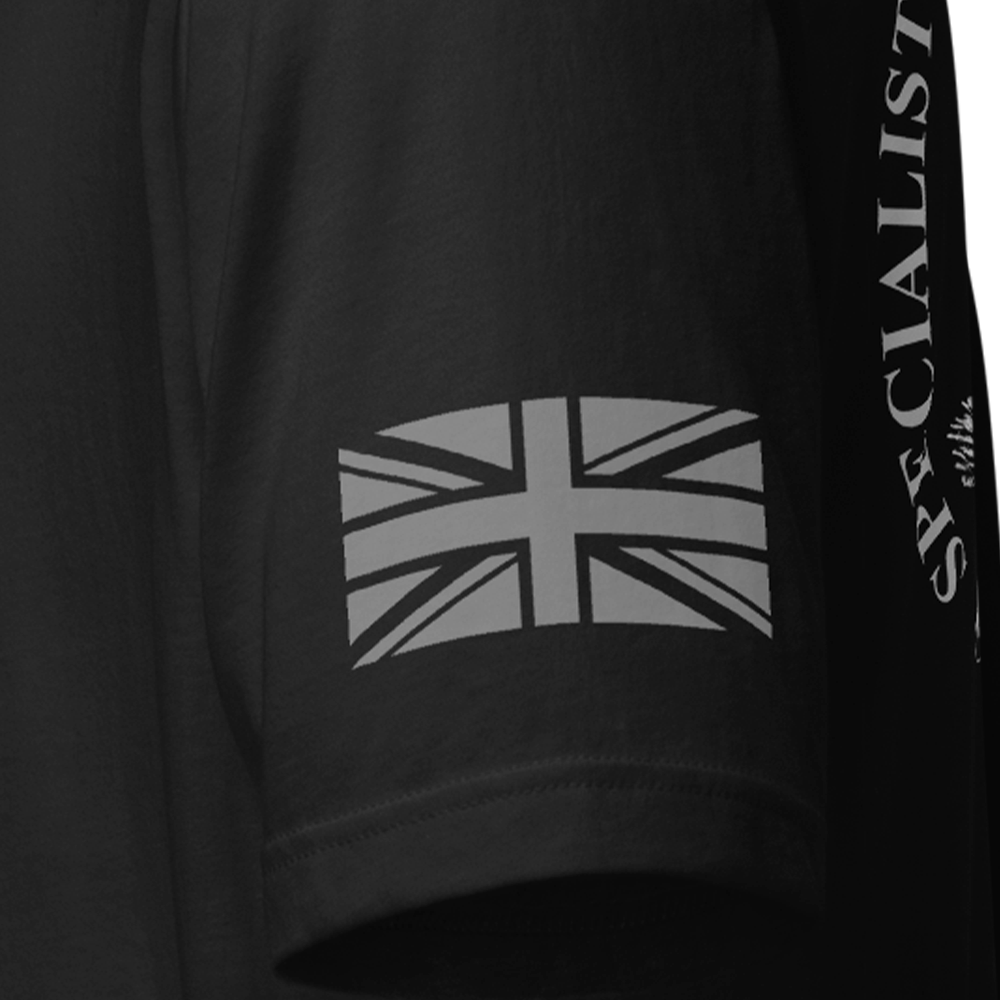 Close up of left sleeve of black Achilles Tactical Clothing Brand original cotton T-Shirt with Union flag sleeve and Hunter design