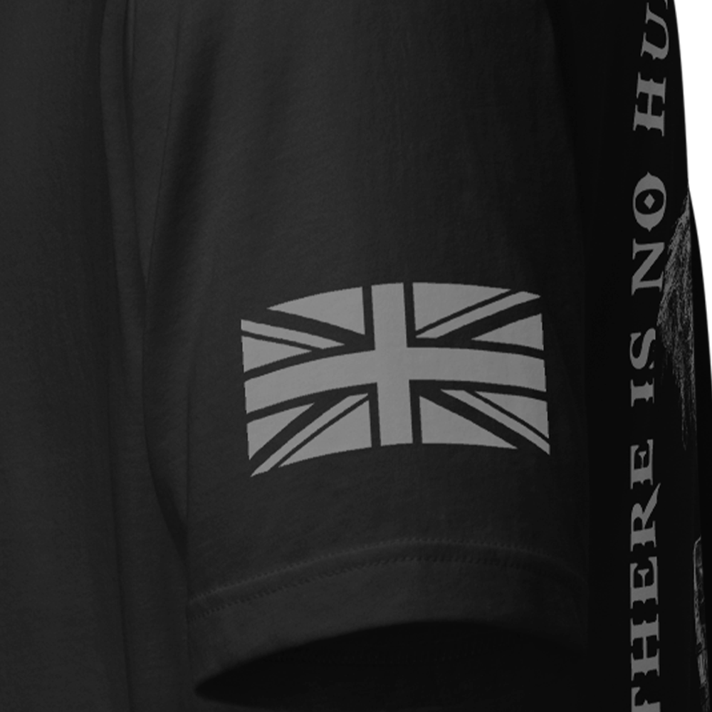 Close up of left sleeve of black Achilles Tactical Clothing Brand original cotton T-Shirt with Wolf grey union flag Hunting of man design