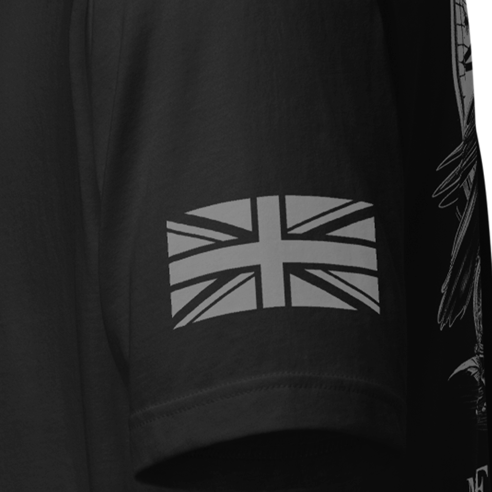 Close up of left sleeve of black Achilles Tactical Clothing Brand original cotton T-Shirt with Wolf grey union flag Memento Mori design