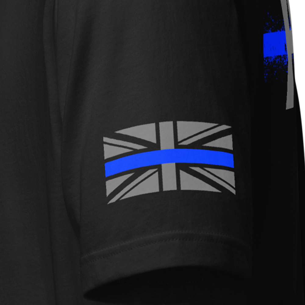 Close up of left sleeve of black Achilles Tactical Clothing Brand original cotton T-Shirt with union flag Police Thin Blue Line design