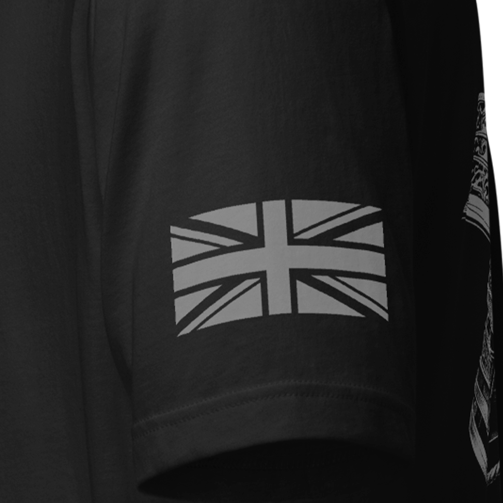 Close up of left sleeve of black Achilles Tactical Clothing Brand original cotton T-Shirt with Wolf grey union flag Ronin design