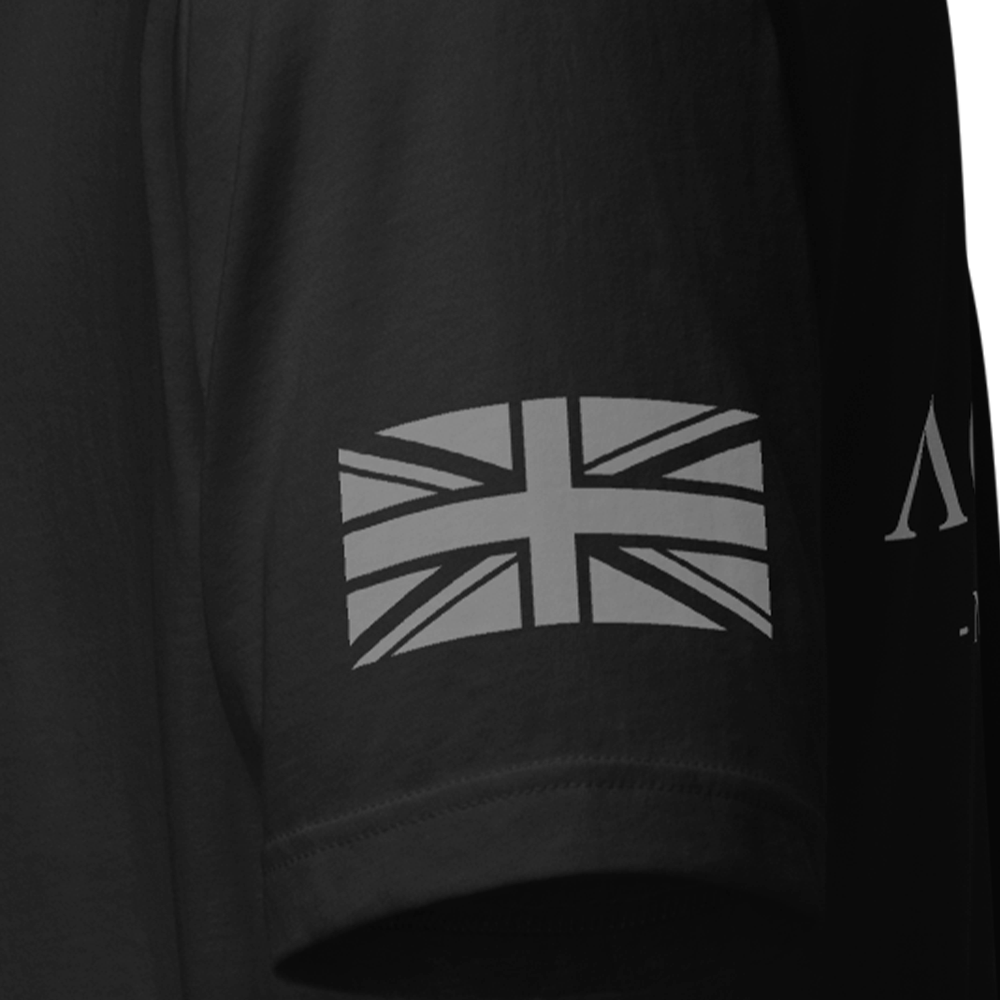 Close up of left sleeve of black Achilles Tactical Clothing Brand original cotton T-Shirt with Wolf grey union flag Signature design