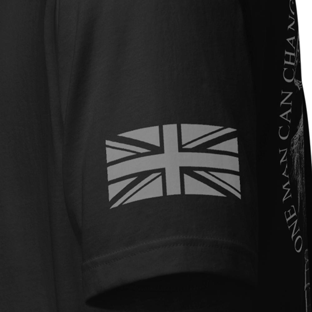 Close up of left sleeve of black Achilles Tactical Clothing Brand original cotton T-Shirt with Wolf grey union flag Sniper quote design