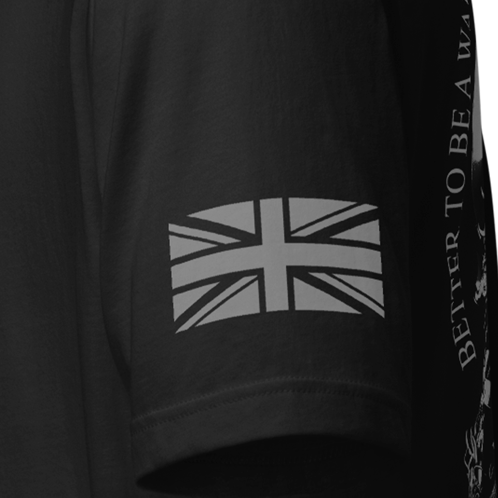 Close up of left sleeve of black Achilles Tactical Clothing Brand original cotton T-Shirt with Wolf grey union flag Warrior in a garden design