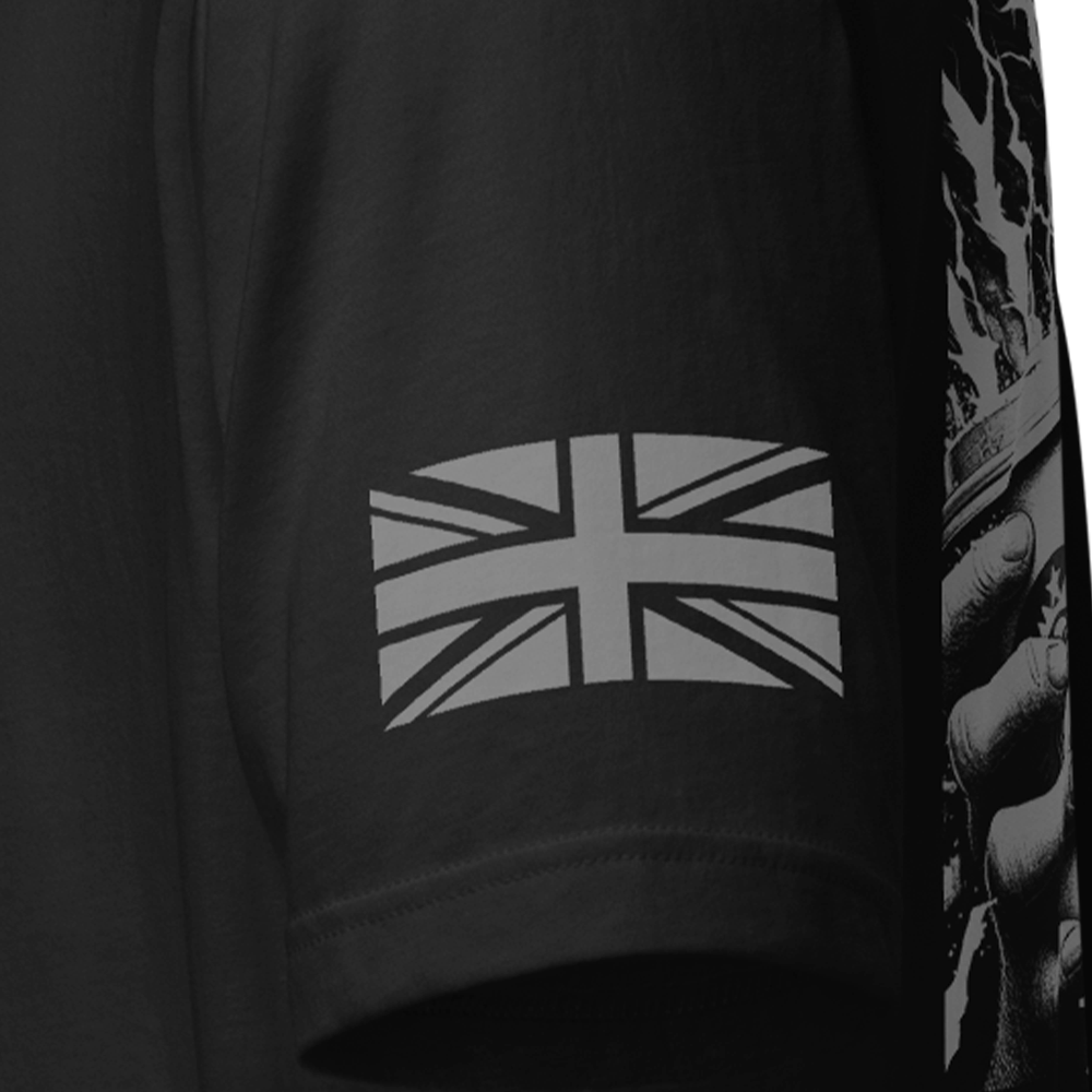 Close up of left sleeve of black Achilles Tactical Clothing Brand original cotton T-Shirt with Wolf grey union flag Caffeine and Rage design