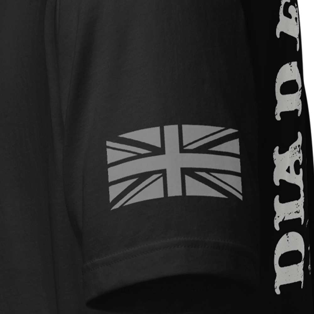 Close up of left sleeve of black Achilles Tactical Clothing Brand original cotton T-Shirt with Union flag sleeve and Dia De Los Muertos design