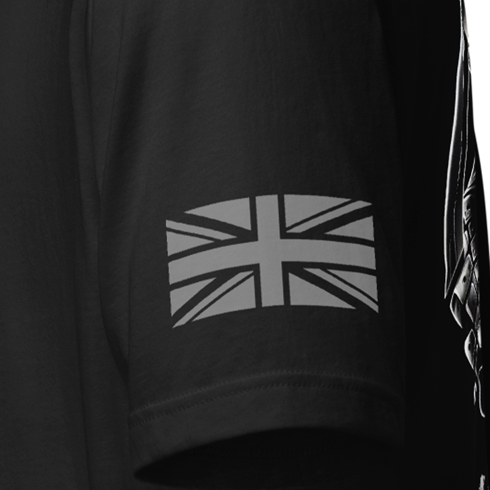 Close up of left sleeve of black Achilles Tactical Clothing Brand original cotton T-Shirt with Wolf grey union flag have a nice day design