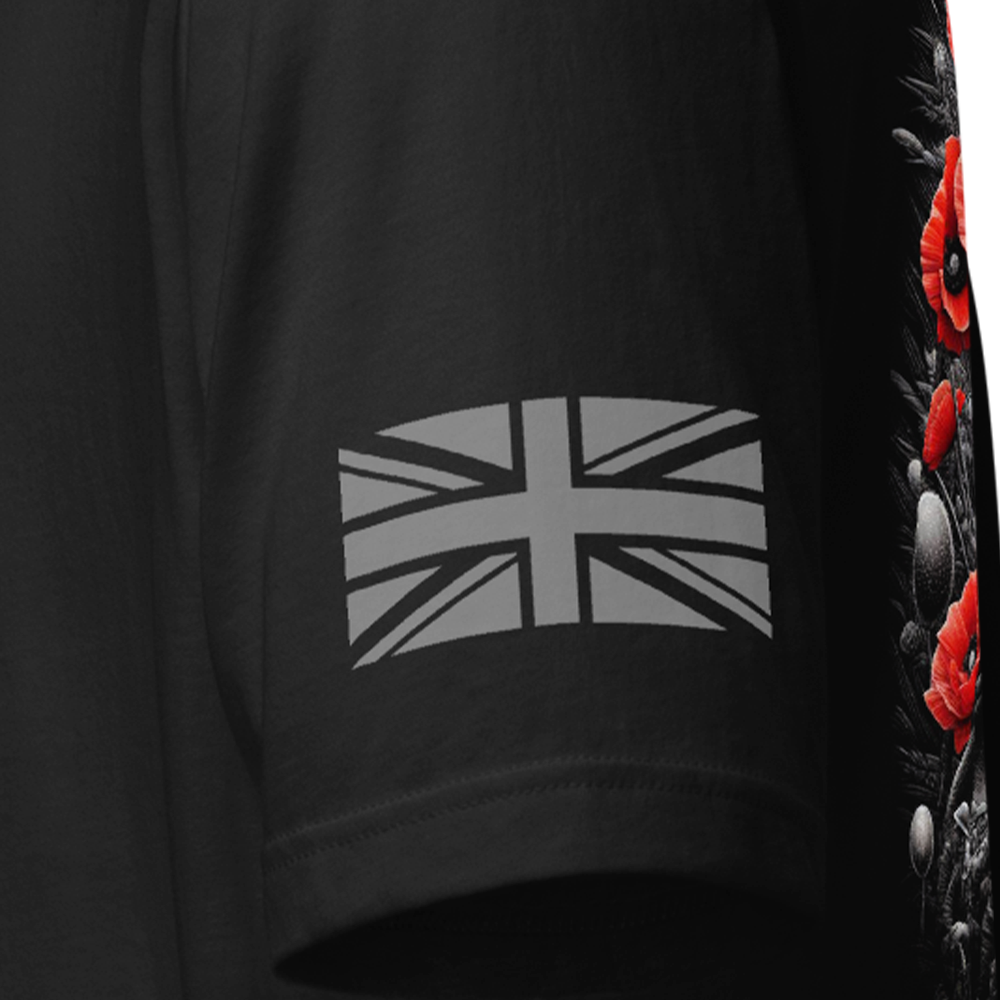 Close up of left sleeve of black Achilles Tactical Clothing Brand original cotton T-Shirt with Wolf grey union flag Lest we forget design
