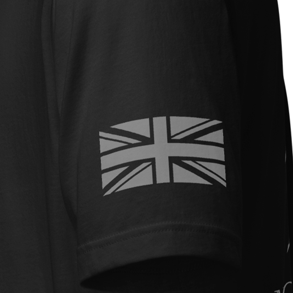 Close up of left sleeve of black Achilles Tactical Clothing Brand original cotton T-Shirt with Wolf grey union flag Molon Labe design