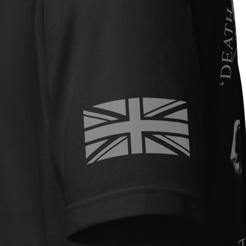 Close up of left sleeve of black Achilles Tactical Clothing Brand original cotton T-Shirt with Wolf grey union flag Pegasus design