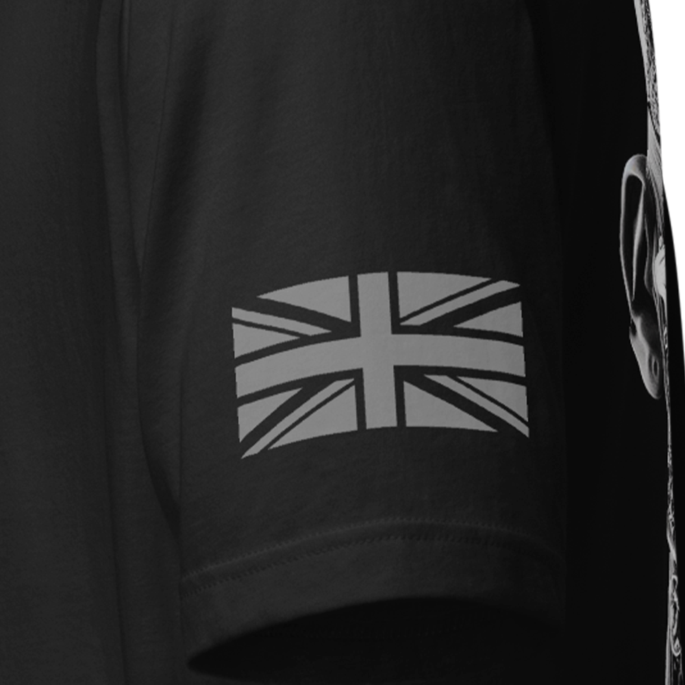 Close up of left sleeve of black Achilles Tactical Clothing Brand original cotton T-Shirt with Union flag sleeve and Prometheus design