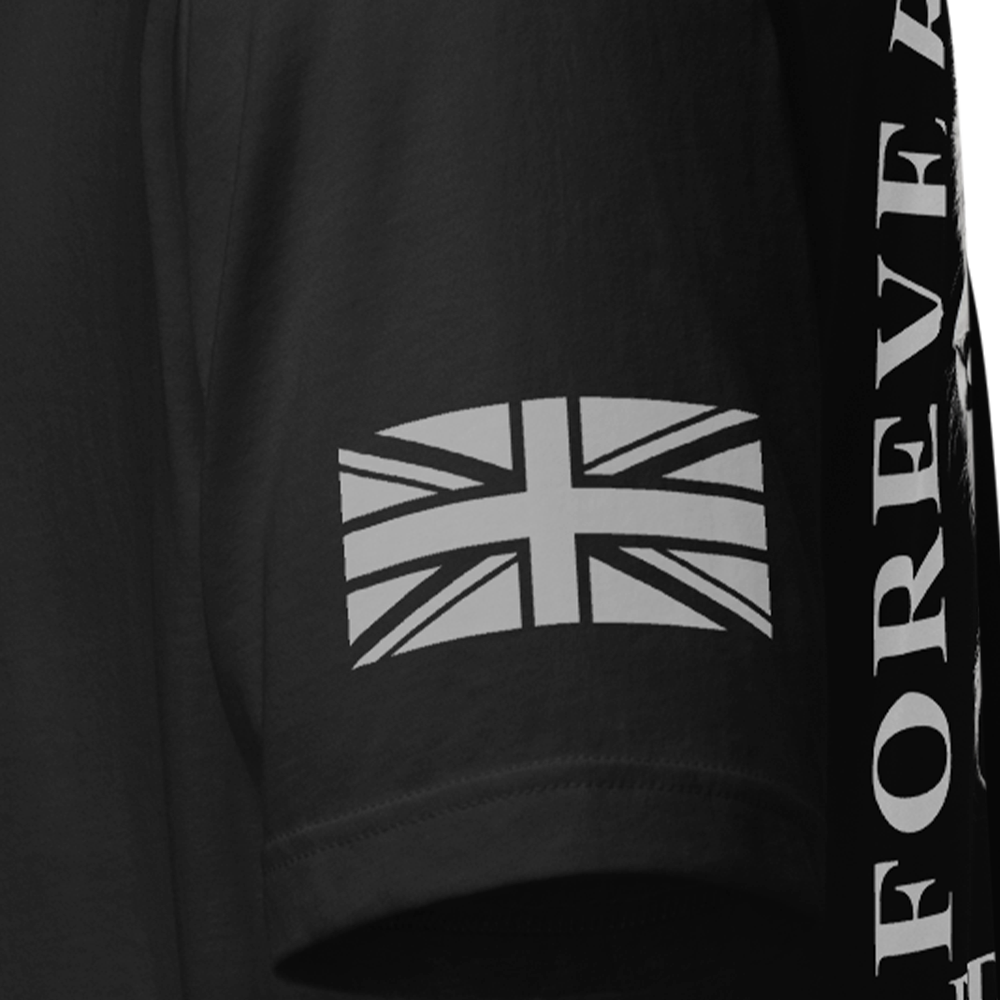 Close up of left sleeve of Black short sleeve unisex fit original cotton T-Shirt by Achilles Tactical Clothing Brand printed with proud and free Britannia design across back