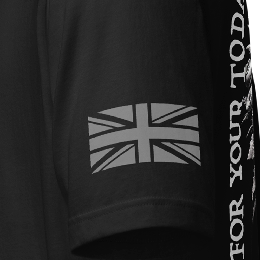 Close up of left sleeve of black Achilles Tactical Clothing Brand original cotton T-Shirt with grey union flag Sacrifice Poppy and soldier design