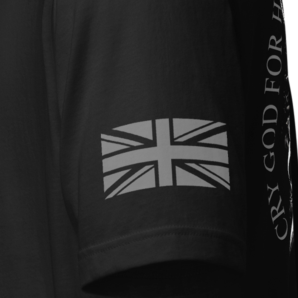 Close up of left sleeve of black Achilles Tactical Clothing Brand original cotton T-Shirt with Wolf grey union flag Saint George design