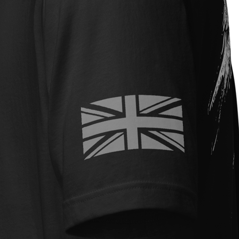 Close up of left sleeve of black Achilles Tactical Clothing Brand original cotton T-Shirt with Union flag sleeve and Saint Michael design