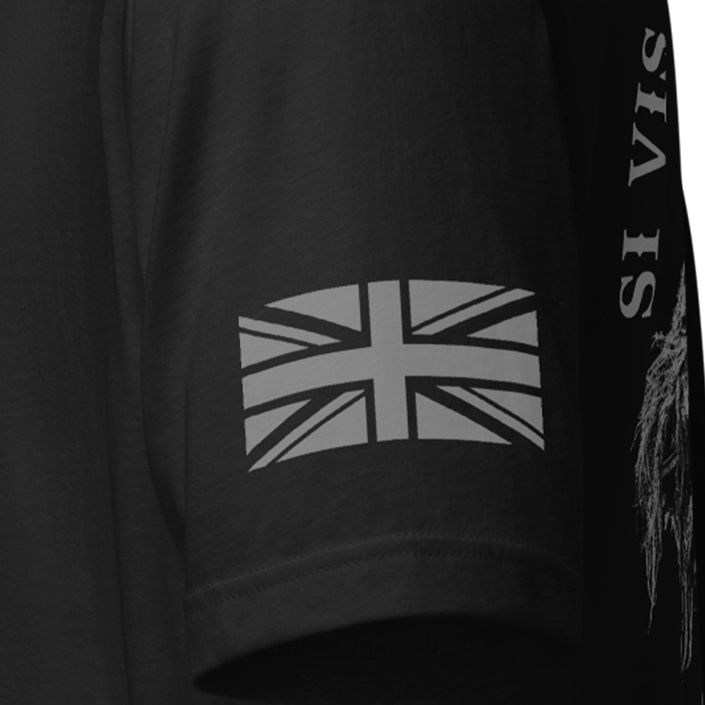 Close up of left sleeve of black Achilles Tactical Clothing Brand original cotton T-Shirt with Wolf grey union flag Si Vis Pacem Para Bellum design