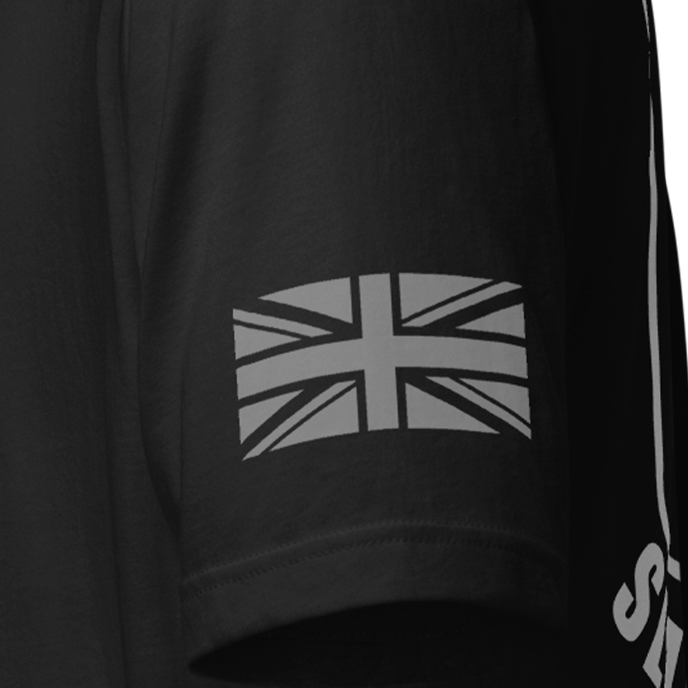 Close up of left sleeve of black Achilles Tactical Clothing Brand original cotton T-Shirt with Union flag sleeve and Slava Ukraini design