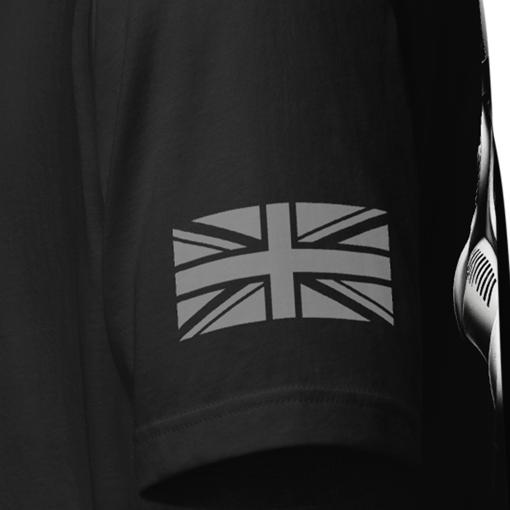 Close up of left sleeve of black Achilles Tactical Clothing Brand original cotton T-Shirt with Wolf grey union flag Stormtrooper helmet design