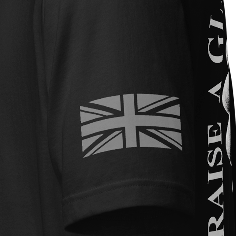 Close up of left sleeve of black Achilles Tactical Clothing Brand original cotton T-Shirt with Union flag sleeve and To absent friends design