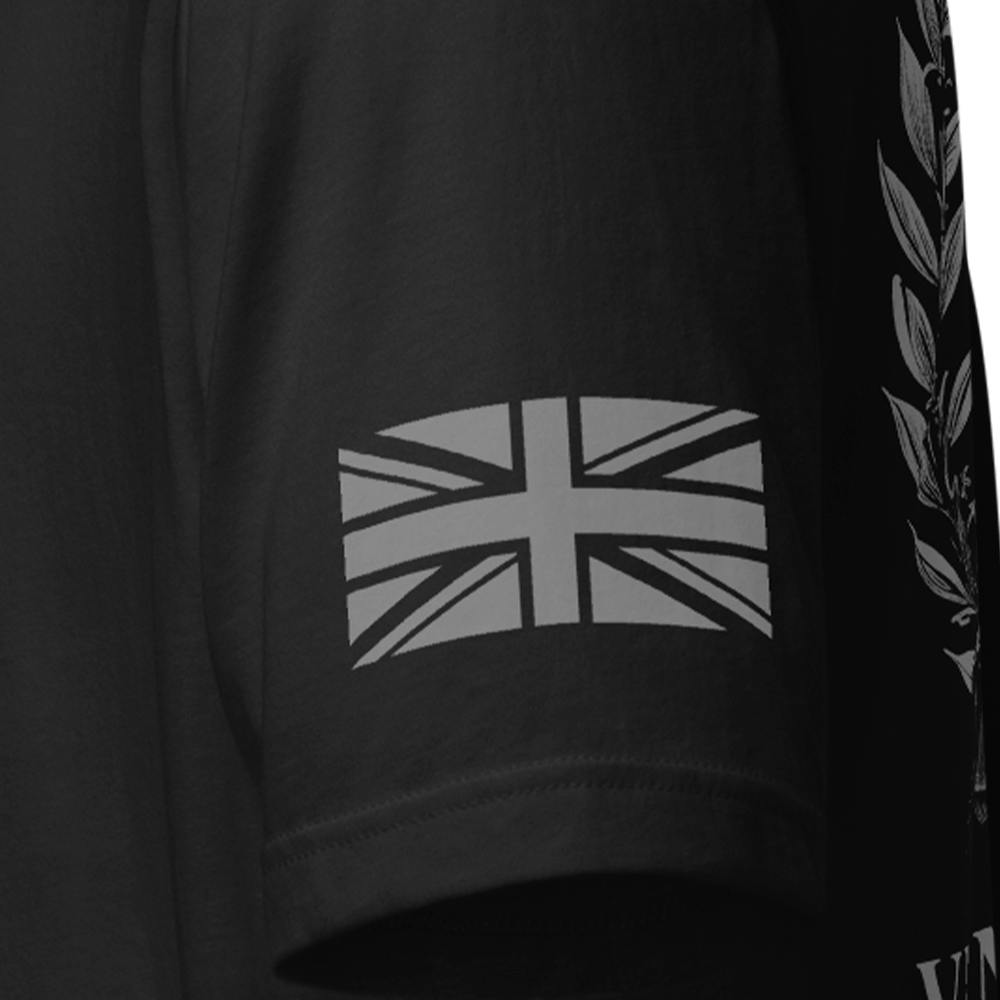 Close up of left sleeve of black Achilles Tactical Clothing Brand original cotton T-Shirt with Wolf grey union flag Veni Vidi Vici design