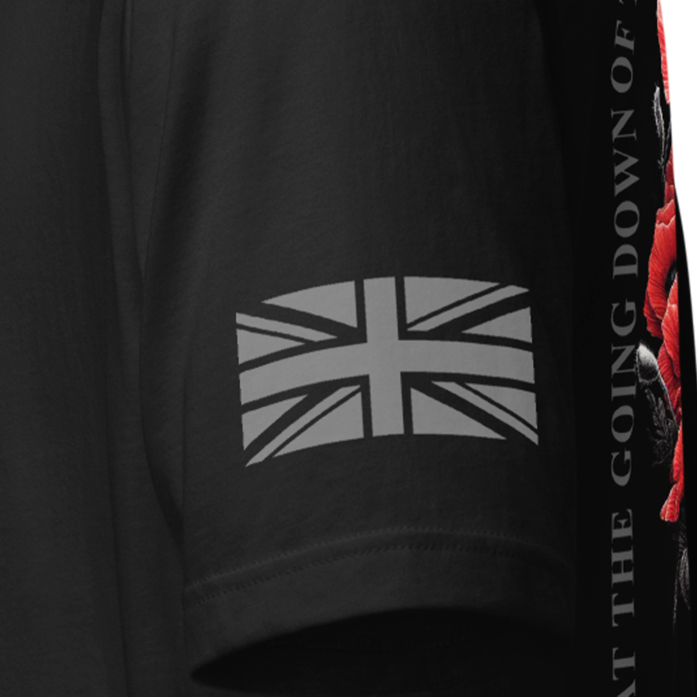 Close up of left sleeve of black Achilles Tactical Clothing Brand original cotton T-Shirt with Wolf grey union flag We Will Remember design